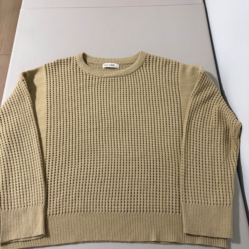 GRACE KARIN Tan Knit Mesh Sweater Crew Neck Long Sleeve‎ Oversized Plus Size 2XL